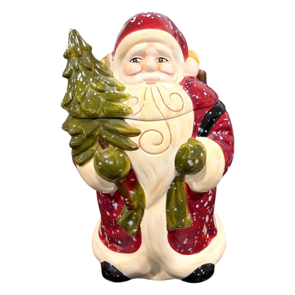 Vintage Hand Painted Santa Cookie Jar Christmas Tree Toy Bag Rustic Look Storage